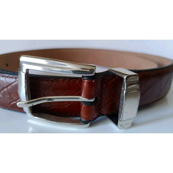 Tasso Elba Leather Belt Size 42 Brown Embossed Unisex Chrome Buckle Men Women - Picture 8 of 10